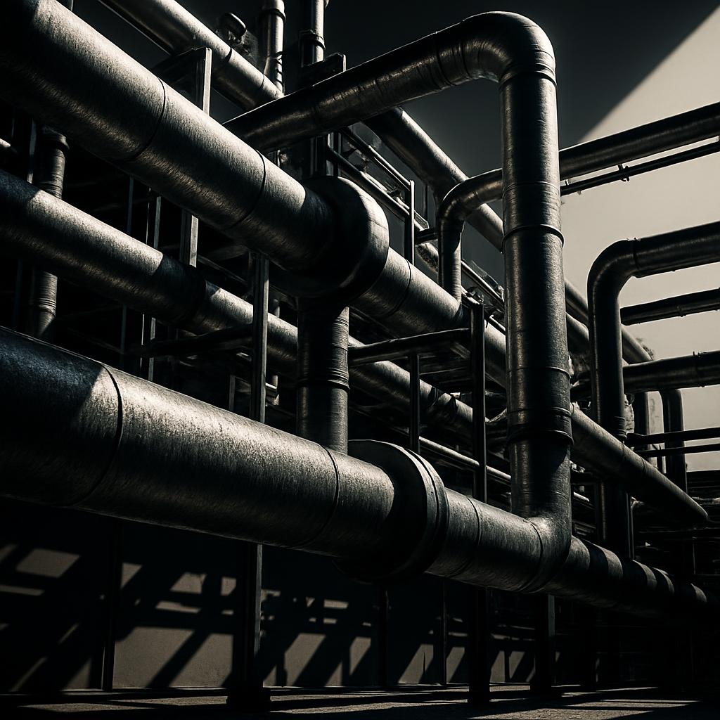 Large industrial pipes with shadows and light sources all around in a black and white photograph.