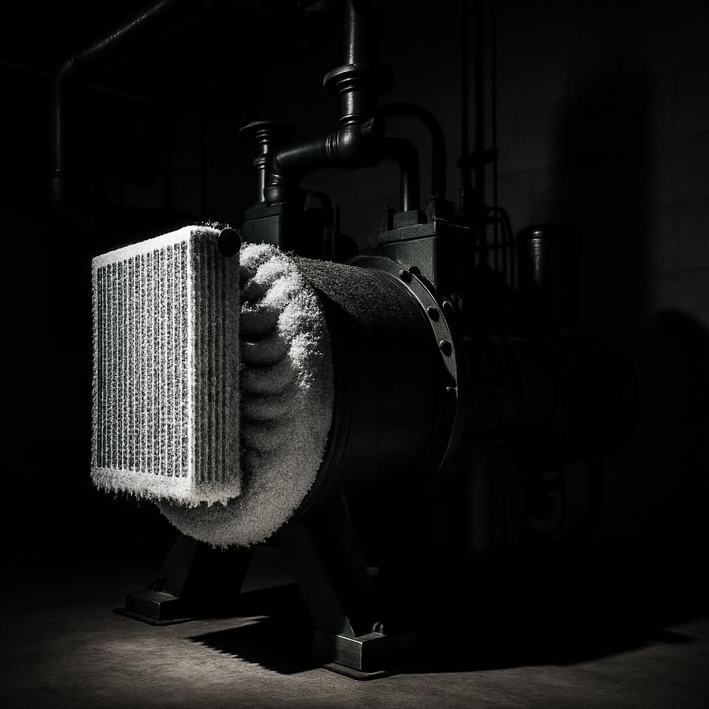 A large, industrial-rated heating unit with a caked-on frost coating and visible evaporator structure, prominently display...