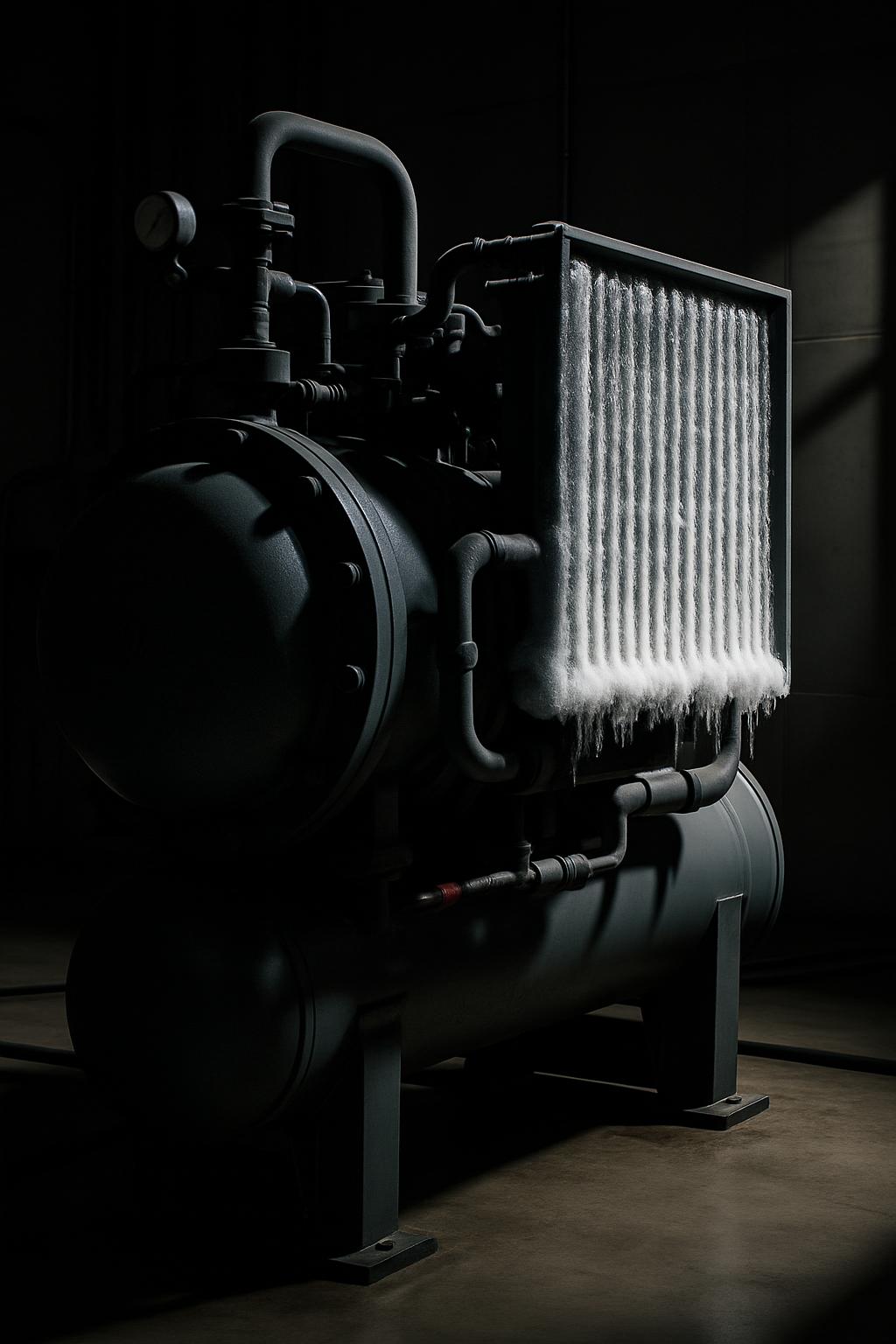 A large industrial heat exchanger with a hidden copper plate that is wrapped with strips of insulation white glue and craf...