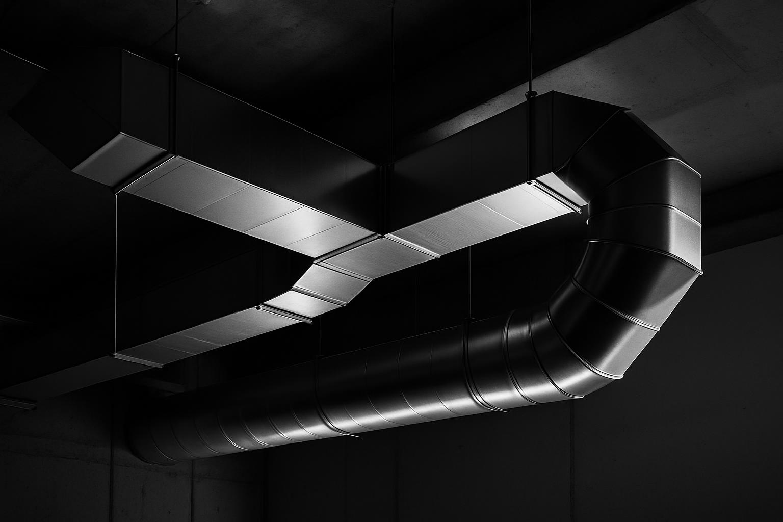 Ductwork in a dimly lit industrial setting