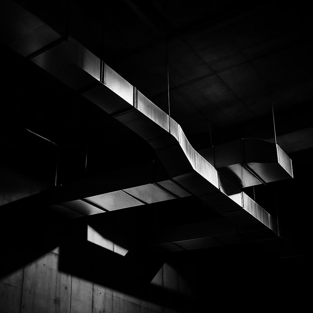 The ductwork is backlit, casting a stark white glow against black dark surroundings.